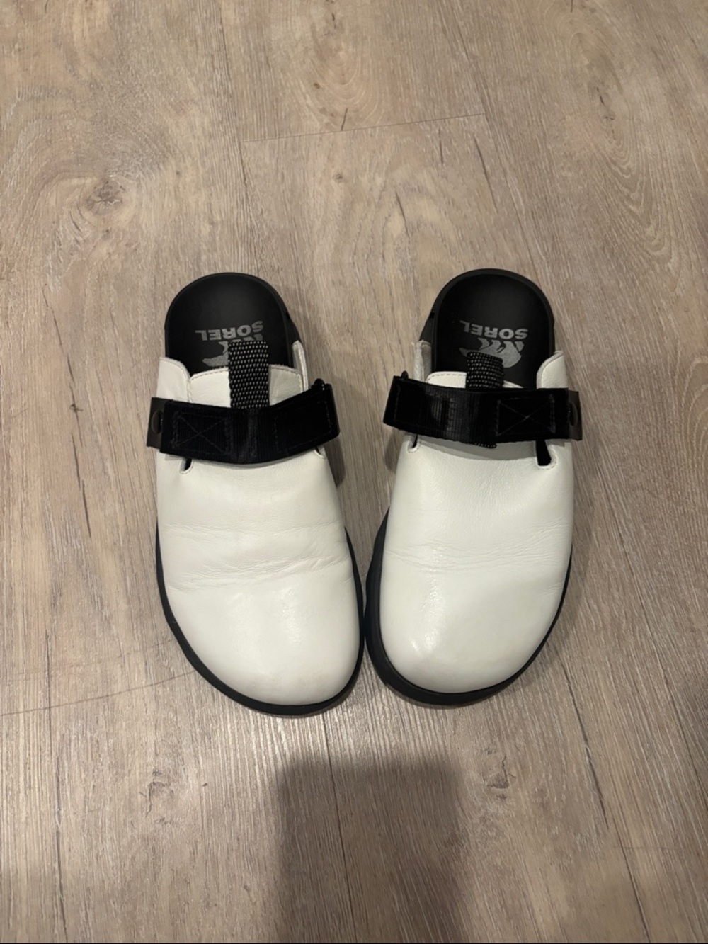 Sorel White Leather Slip-On Clogs with Black Strap Detail